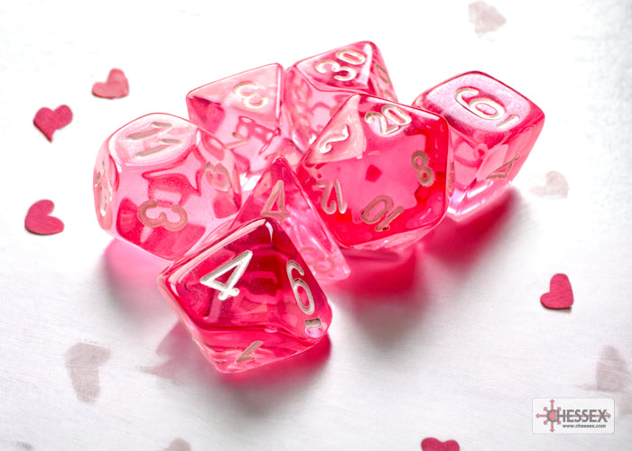 Mini Translucent 7-Piece Dice Set Pink With White - Pastime Sports & Games