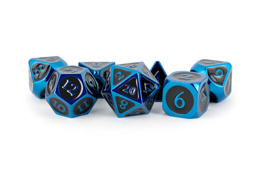 MDG 7-Piece Metal Dice Set Blue With Black Enamel - Pastime Sports & Games