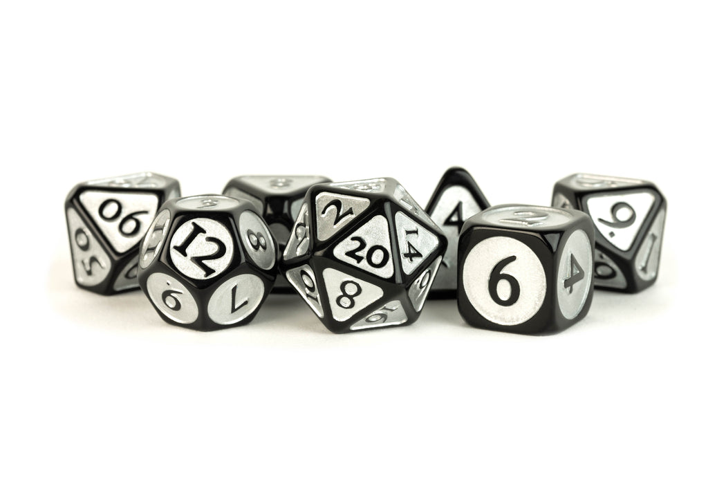 MDG 7-Piece Dice Set Black With Silver Enamel - Pastime Sports & Games