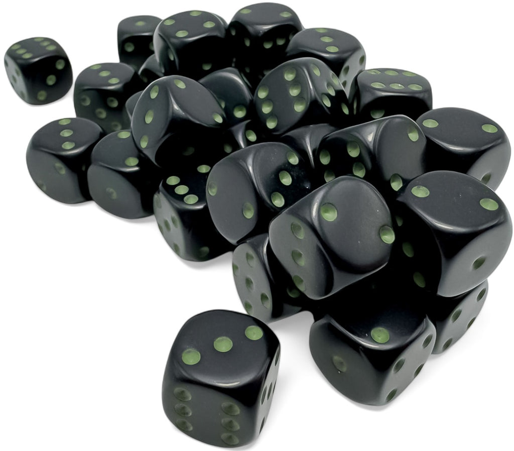 Opaque 36-Piece D6 Dice Set Black With Green– Pastime Sports & Games