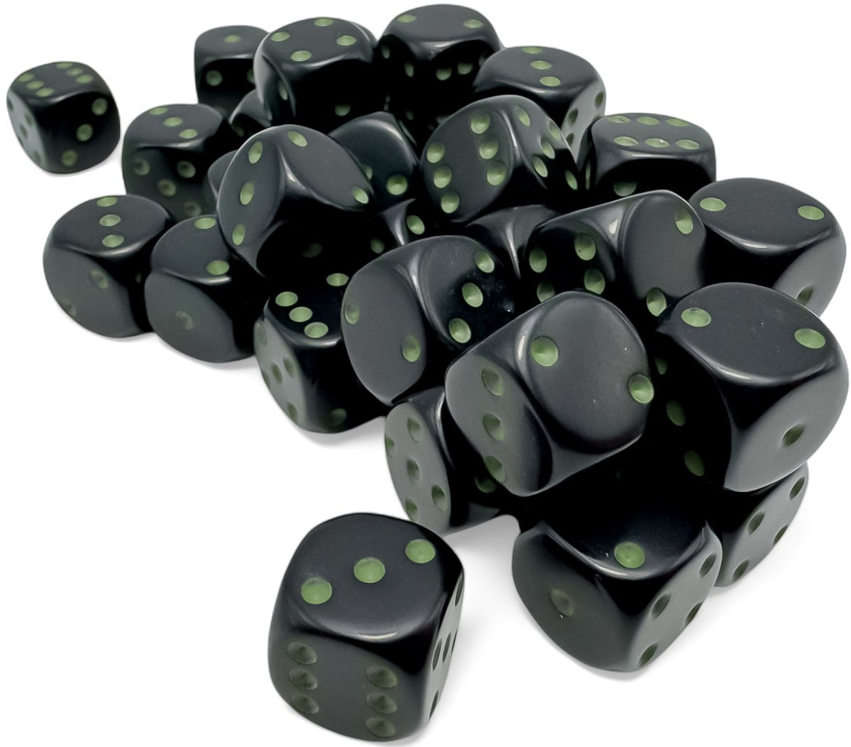 Opaque 36-Piece D6 Dice Set Black With Green– Pastime Sports & Games