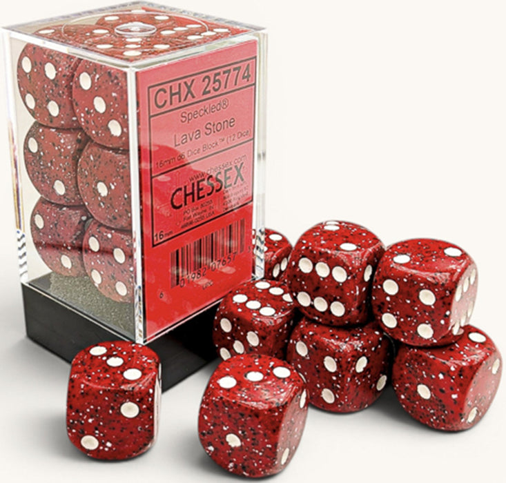 Speckled 12-Piece Six Sided 16mm Dice Set Lava Stone