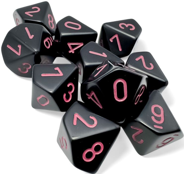 Opaque 10-Piece D10 Dice Set Black With Pink