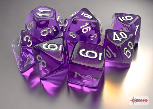 Mini Translucent 7-Piece Dice Set Purple With White - Pastime Sports & Games