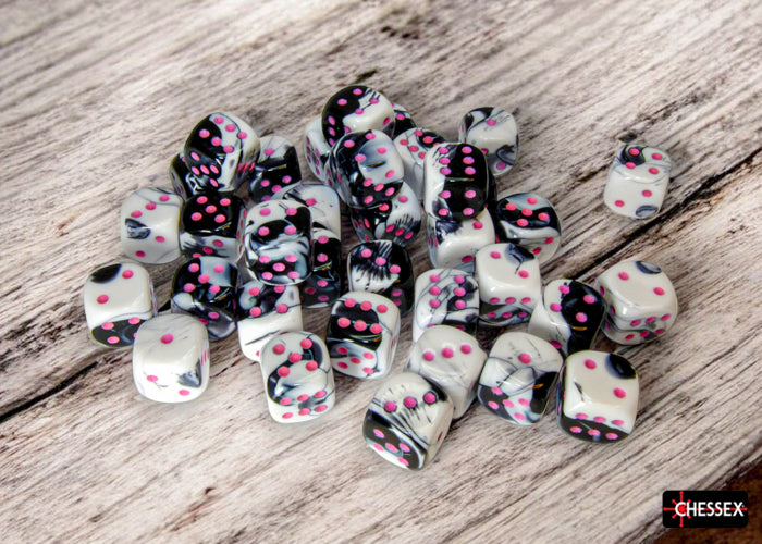 Gemini 36-Piece D6 Dice Set Black & White with Pink CHX26869 - Pastime Sports & Games