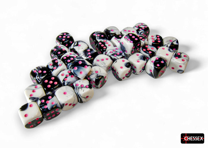 Gemini 36-Piece D6 Dice Set Black & White with Pink CHX26869 - Pastime Sports & Games