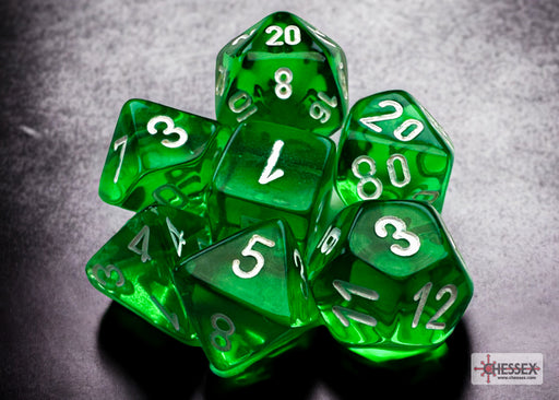Mini Translucent 7-Piece Dice Set Green With White - Pastime Sports & Games