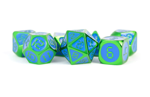 MDG 7-Piece Metal Dice Set Blue With Green Enamel - Pastime Sports & Games