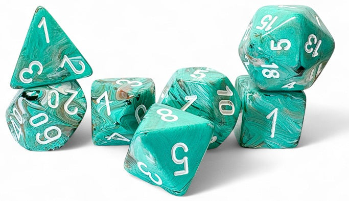 Marble 7-Piece Mega-Hedral Dice Set Oxi-Copper With White (CHX22403)