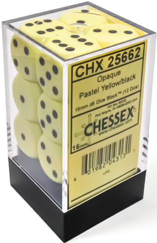 Opaque 12-Piece Dice Set Pastel Yellow/Black (CHX25662) - Pastime Sports & Games