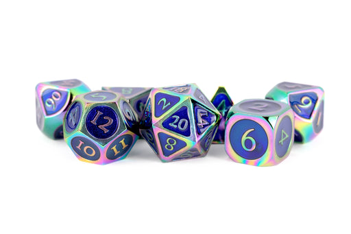 MDG 7-Piece Metal Dice Set Rainbow With Blue Enamel - Pastime Sports & Games