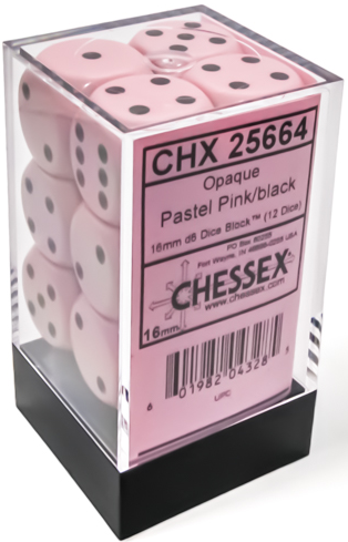 Opaque 12-Piece Dice Set Pastel Pink/Black (CHX25664) - Pastime Sports & Games