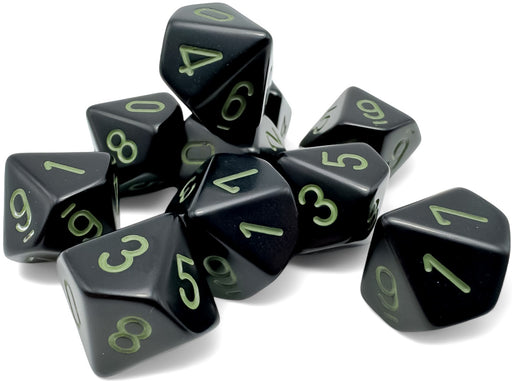 Opaque 10-Piece D10 Dice Set Black With Green