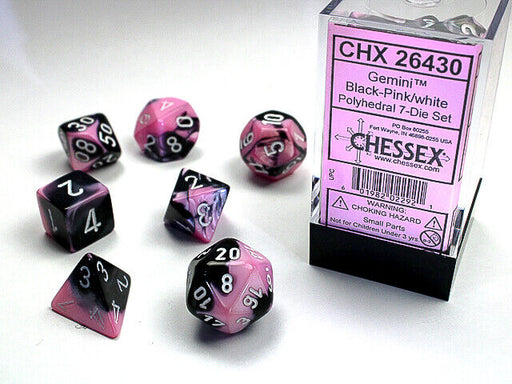 Gemini Translucent 7-Piece Dice Set Black-Pink with White - Pastime Sports & Games