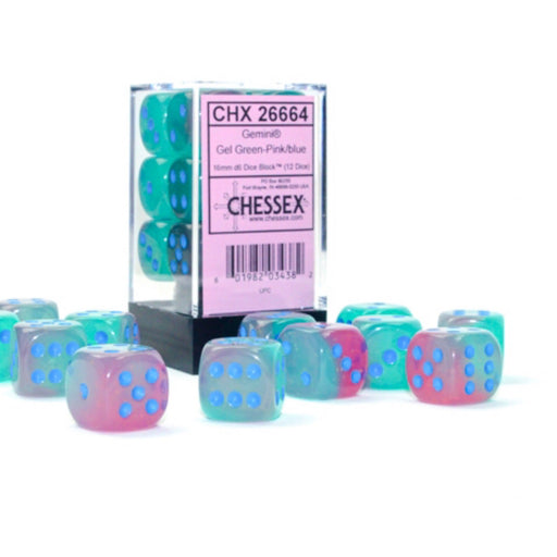 Gemini 12-Piece Dice Set Gel Green-Pink with Blue - Pastime Sports & Games