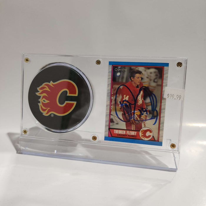 Theoren Fleury Autographed Card & Calgary Flames Puck Display