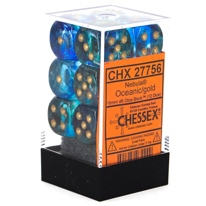 Chessex 12pc D6 Dice Set Nebula Oceanic/Gold CHX27756 - Pastime Sports & Games