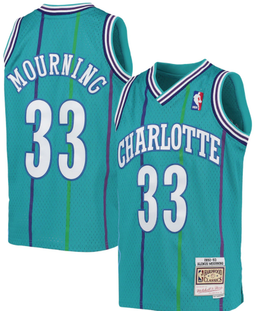 1992-93 Charlotte Hornets Alonzo Mourning Mitchell & Ness Teal Basketball Jersey - Pastime Sports & Games