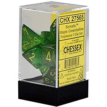 Chessex 7pc RPG Dice Set Borealis Maple Green/Yellow CHX27565 - Pastime Sports & Games