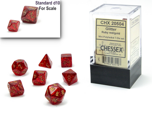 Chessex Mini 7pc RPG Dice Set Glitter Ruby Red/Gold (CHX20504) - Pastime Sports & Games