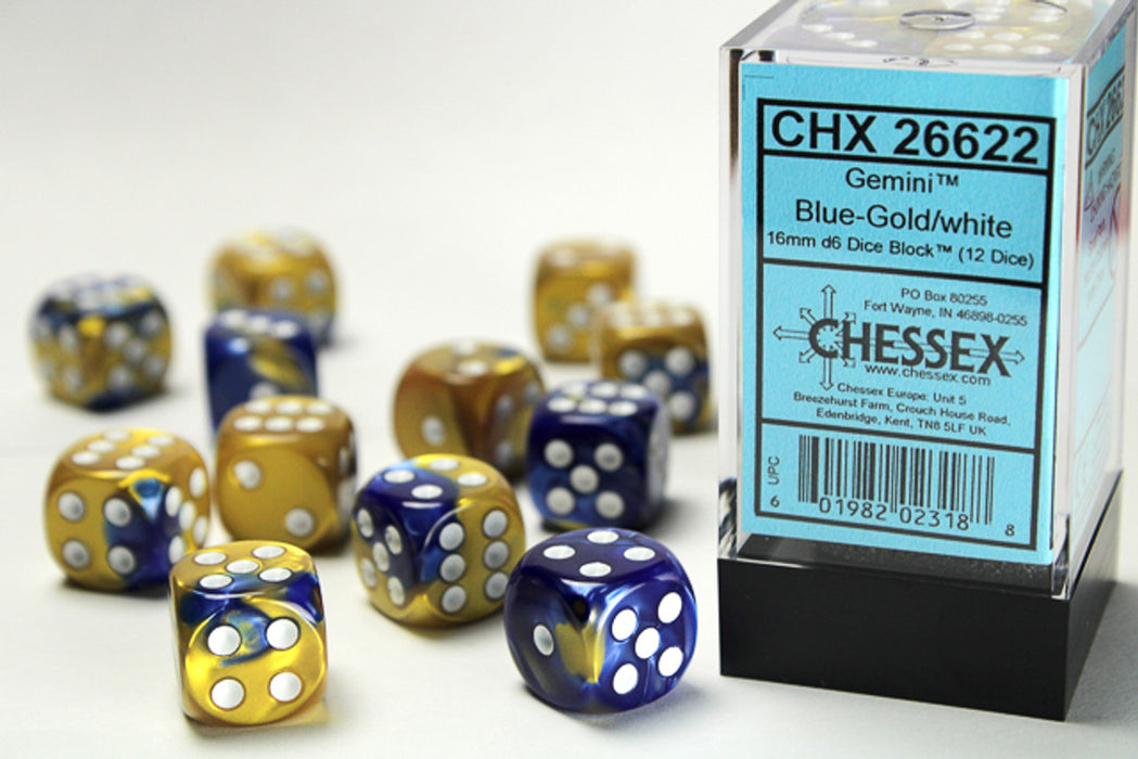 Chessex 12pc D6 Dice Set Gemini Blue-Gold/White CHX26622 - Pastime Sports & Games