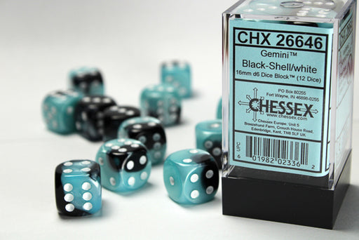 Chessex 12pc D6 Dice Set Gemini Black-Shell/White CHX26646 - Pastime Sports & Games
