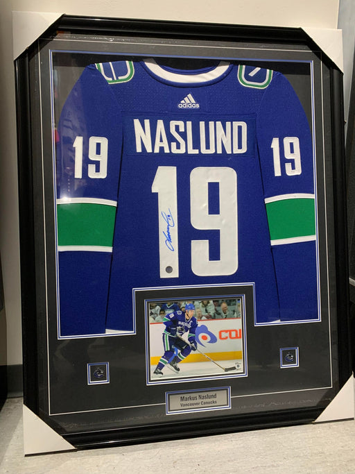 Vancouver Canucks Markus Naslund Autographed Adidas Home Blue Framed Hockey Jersey - Pastime Sports & Games