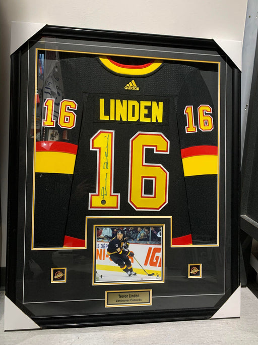 Vancouver Canucks Trevor Linden Autographed Adidas Black Skate Framed Hockey Jersey - Pastime Sports & Games