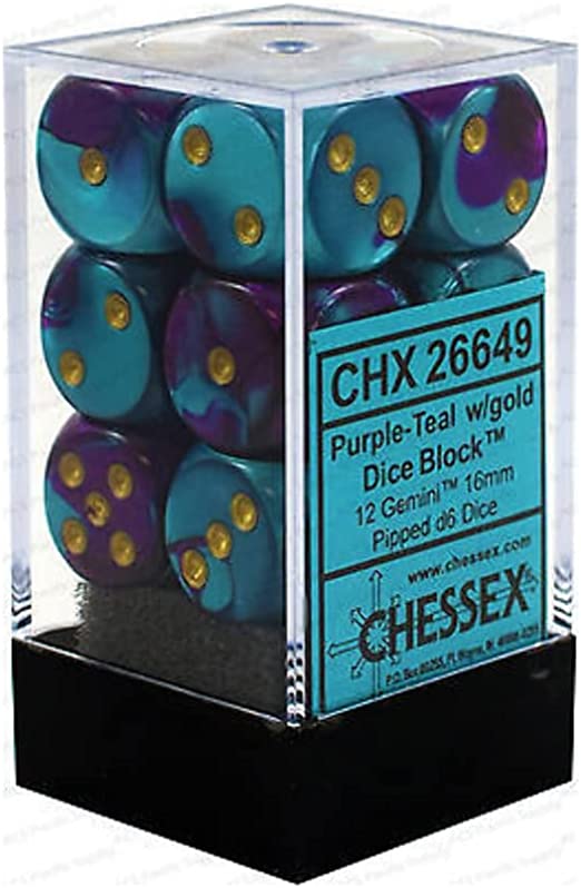 Chessex 12pc D6 Dice Set Gemini Purple-Teal/Gold CHX26649 - Pastime Sports & Games