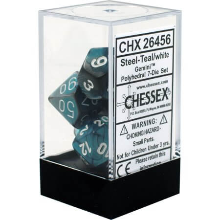 Chessex 7pc RPG Dice Set Gemini Steal & Teal/White CHX26456 - Pastime Sports & Games