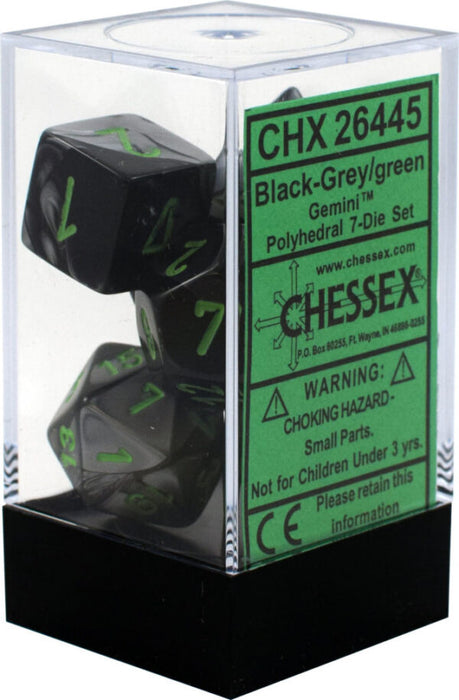 Chessex 7pc RPG Dice Set Gemini Black & Grey/Green CHX26445 - Pastime Sports & Games