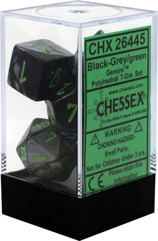 Chessex 7pc RPG Dice Set Gemini Black & Grey/Green CHX26445 - Pastime Sports & Games