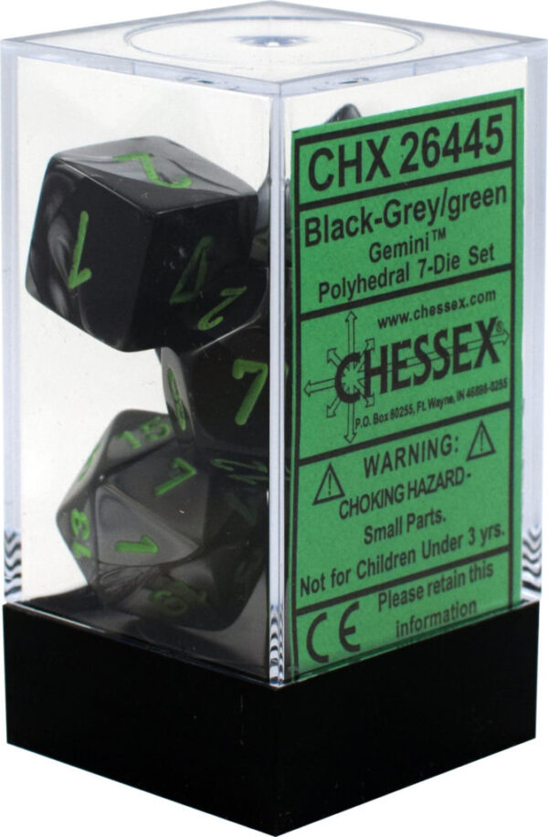 Chessex 7pc RPG Dice Set Gemini Black & Grey/Green CHX26445 - Pastime Sports & Games