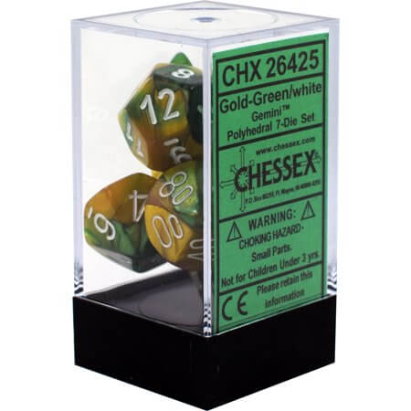 Chessex 7pc RPG Dice Set Gemini Gold & Green/White CHX26425 - Pastime Sports & Games