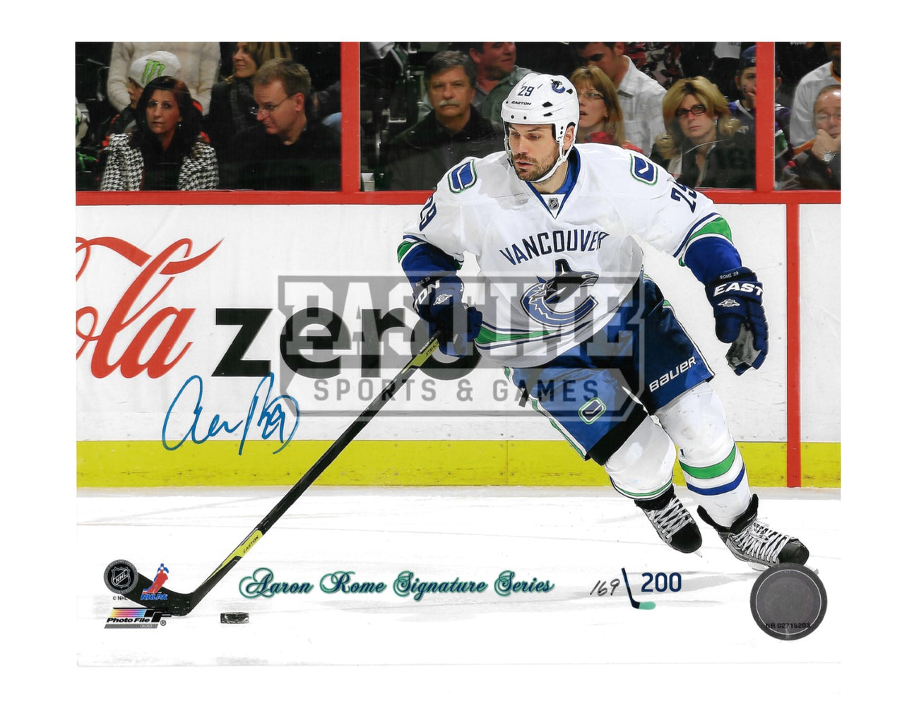 Aaron Rome Autographed 8X10 Vancouver Canucks Away Jersey (Signature Series # Out Of 200) - Pastime Sports & Games