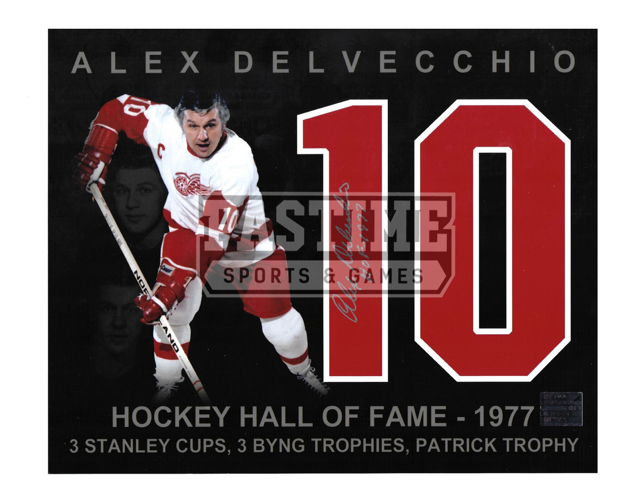Alex Delvecchio Autographed 8X10 Detriot Red Wings Away Jersey (Hockey Hall Of Fame) - Pastime Sports & Games
