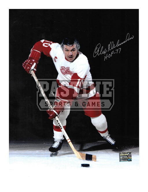 Alex Delvecchio Autographed 8X10 Detriot Redwings Away Jersey (Skating With Puck) - Pastime Sports & Games