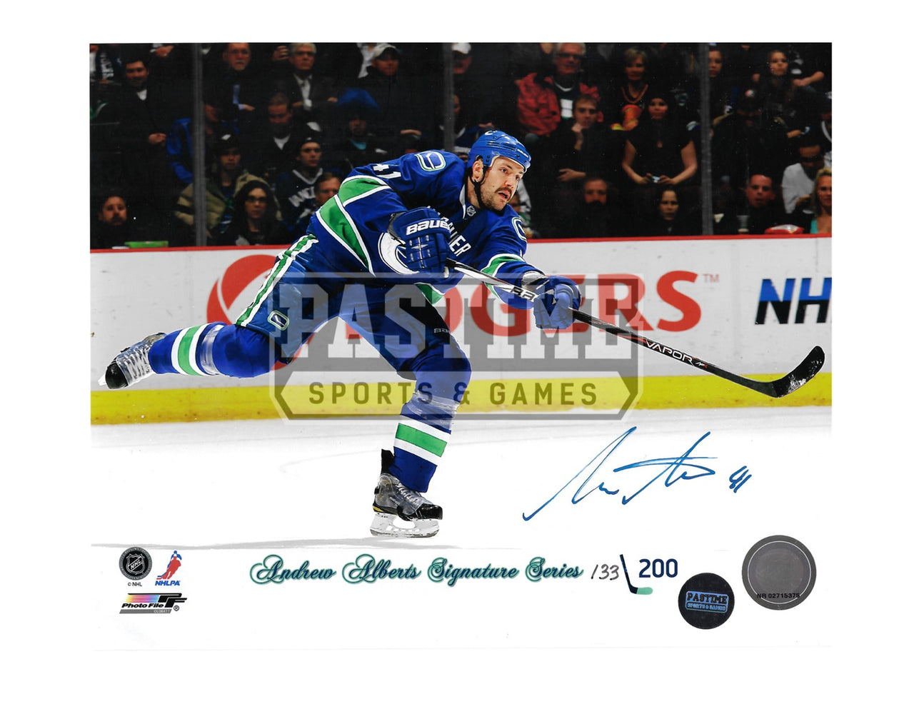 Andrew Alberts Autographed 8X10 Vancouver Canucks Home Jersey (# Out Of 200 ) - Pastime Sports & Games