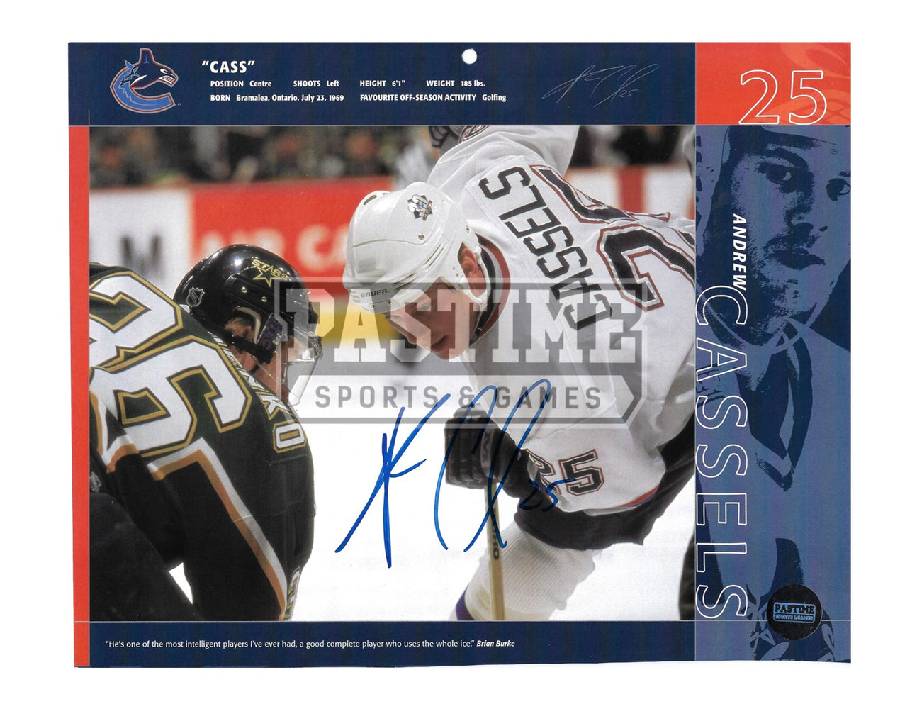 Andrew Cassels Autographed 8X10 Calendar Page Vancouver Canucks Away Jersey (Face Off) - Pastime Sports & Games