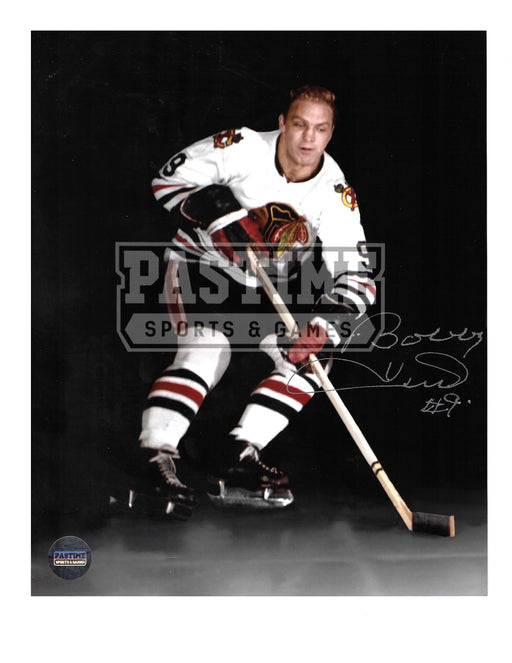 Bobby Hull Autographed 8X10 Chicago Blackhawks Away Jersey (Black Background) - Pastime Sports & Games