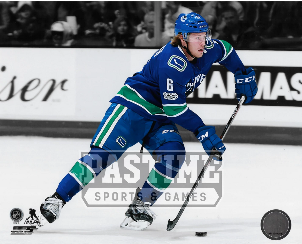 Brock Boeser 8X10 Canucks Home Jersey (Skating With Puck) - Pastime Sports & Games