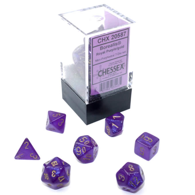 Chessex Mini 7pc RPG Dice Set Borealis Royal Purple/Gold (CHX20587) - Pastime Sports & Games
