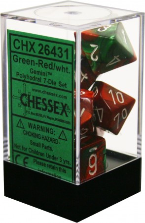 Chessex 7pc RPG Dice Set Gemini Green & Red/White CHX26431 - Pastime Sports & Games