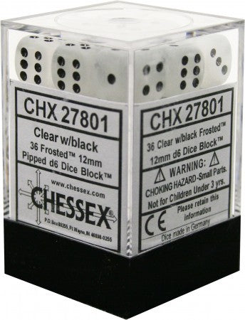 Chessex 36 D6 Dice Set Frosted Clear/Black CHX27801 - Pastime Sports & Games