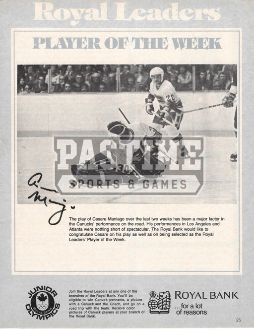 Cesare Maniago Autographed Magazine Page Vancouver Canucks Away Jersey (Royal Leaders) - Pastime Sports & Games