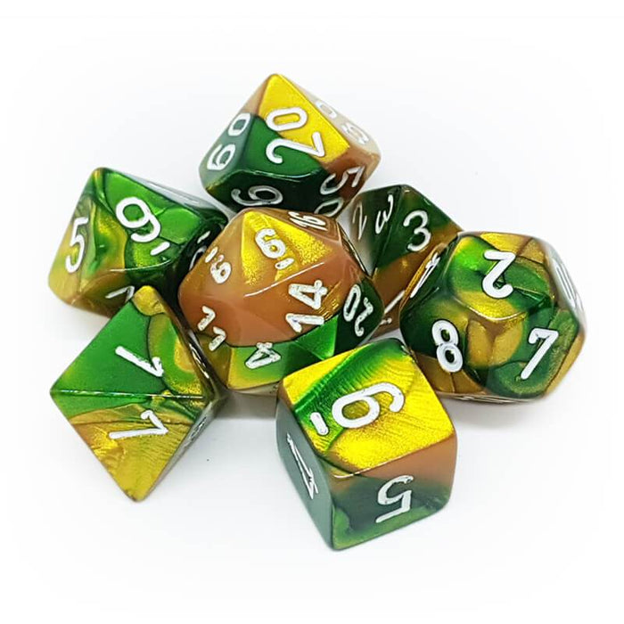 Chessex 7pc RPG Dice Set Gemini Gold & Green/White CHX26425 - Pastime Sports & Games