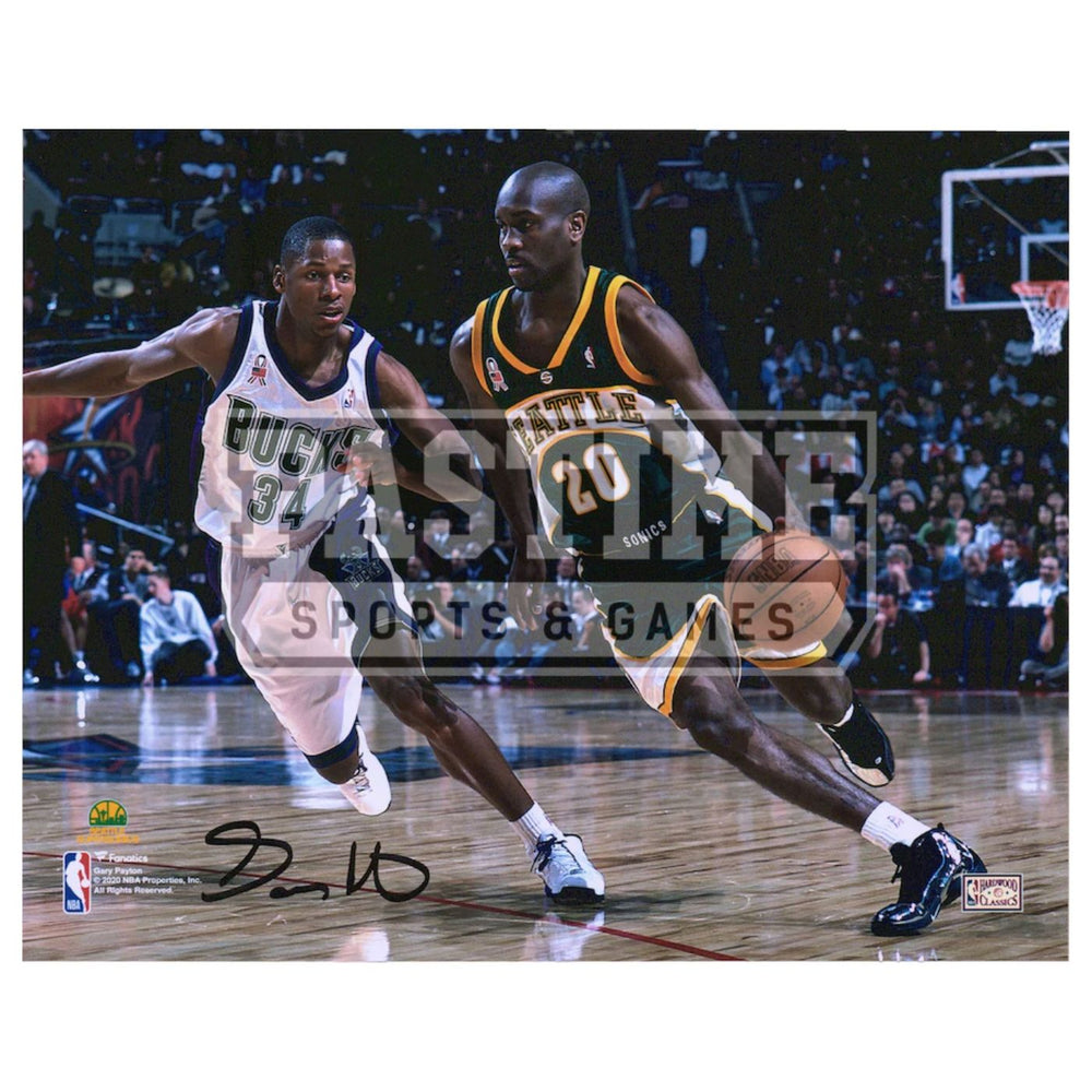 Gary Payton Autographed 8X10 Photo (Dribbling In Green) - Pastime Sports & Games