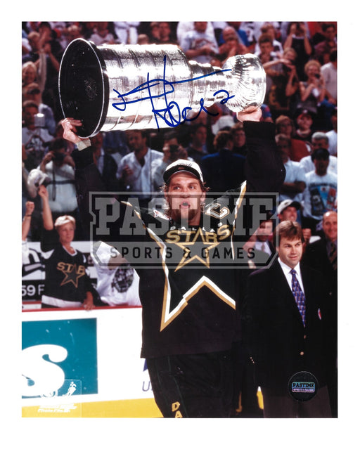 Darian Hatcher Autographed 8X10 Dallas Stars Home Jersey (Holding Cup) - Pastime Sports & Games