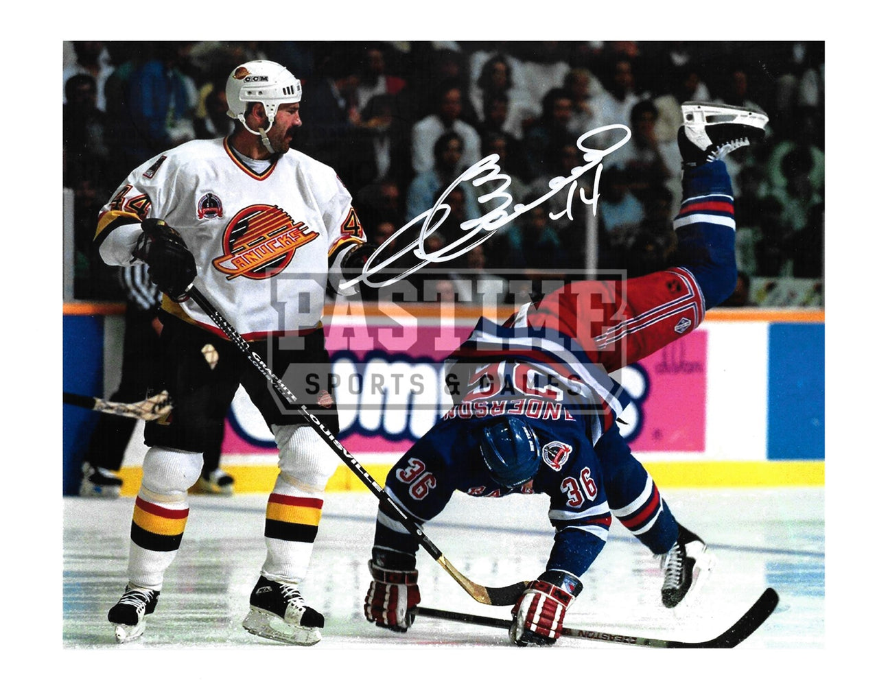 Dave Babych Autograhed 8X10 Vancouver Canucks Away Skate Jersey (Player Falling) - Pastime Sports & Games
