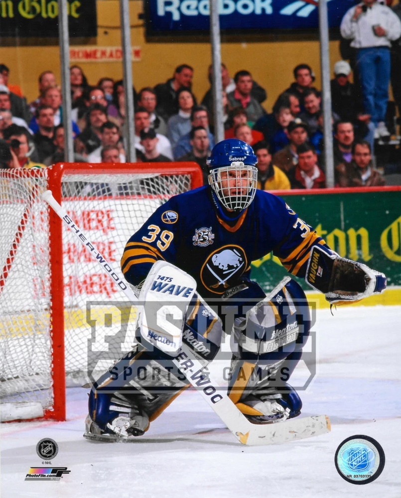 Dominik Hasek 8X10 Sabres Home Jersey (Goalie Stance) - Pastime Sports & Games